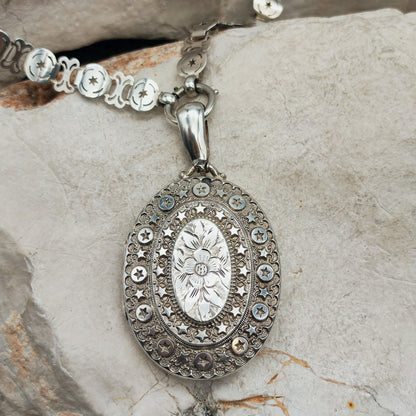 Antique Victorian Sterling Silver Book Chain and Locket by Robert James Dick, 1884