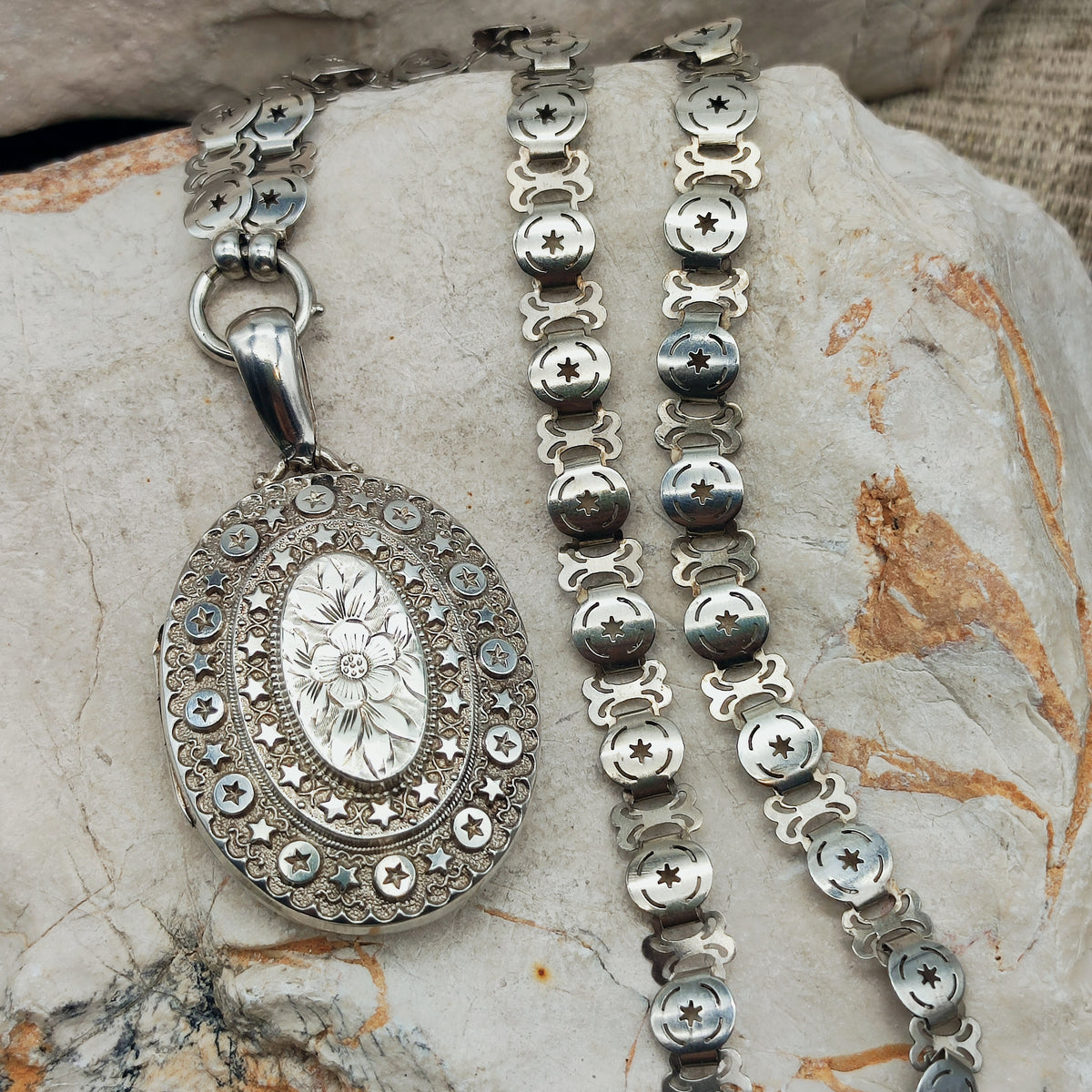 Antique Victorian Sterling Silver Book Chain and Locket by Robert James Dick, 1884