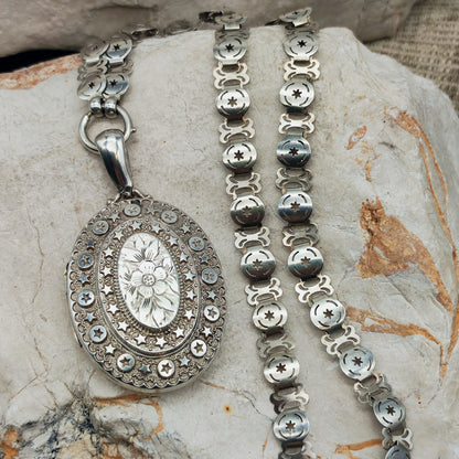 Antique Victorian Sterling Silver Book Chain and Locket by Robert James Dick, 1884