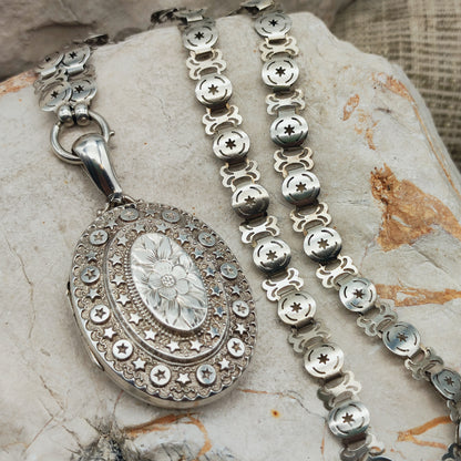 Antique Victorian Sterling Silver Book Chain and Locket by Robert James Dick, 1884
