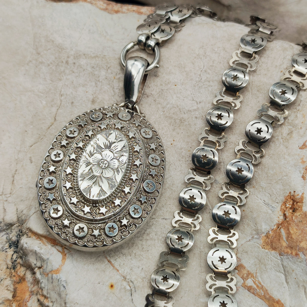 Antique Victorian Sterling Silver Book Chain and Locket by Robert James Dick, 1884