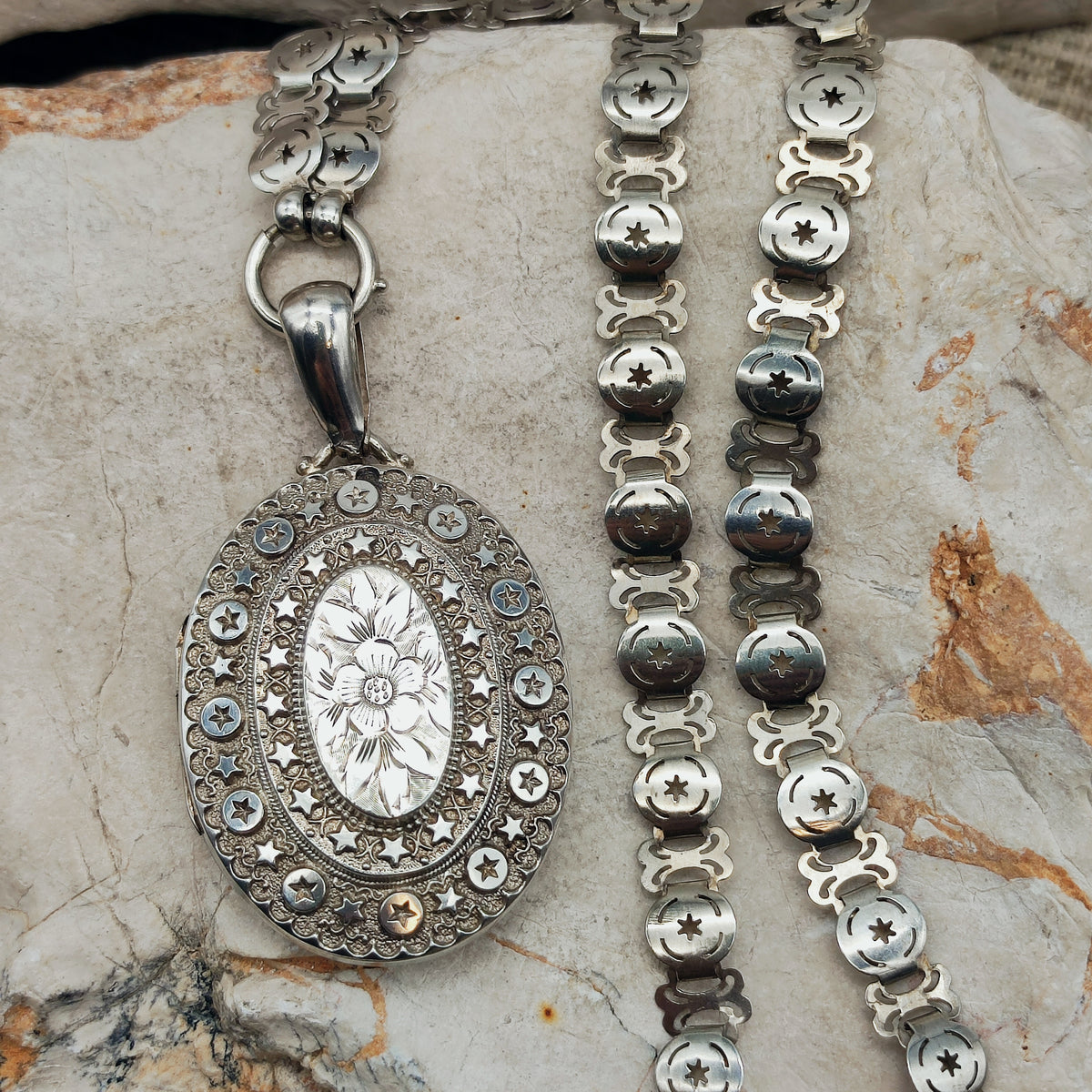 Antique Victorian Sterling Silver Book Chain and Locket by Robert James Dick, 1884