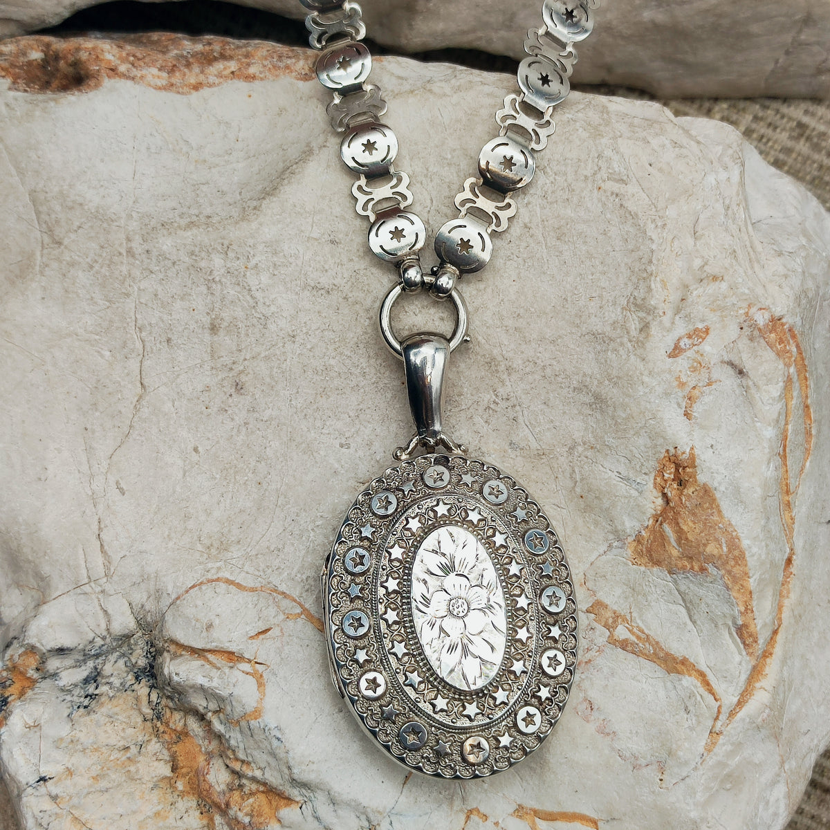 Antique Victorian Sterling Silver Book Chain and Locket by Robert James Dick, 1884