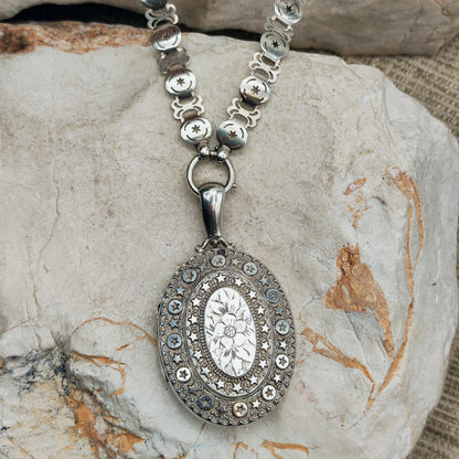Antique Victorian Sterling Silver Book Chain and Locket by Robert James Dick, 1884