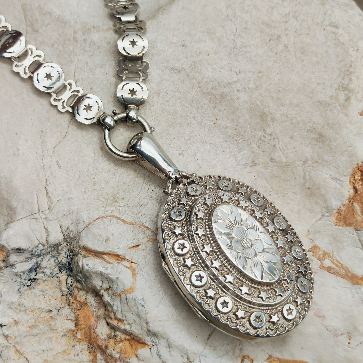 Antique Victorian Sterling Silver Book Chain and Locket by Robert James Dick, 1884