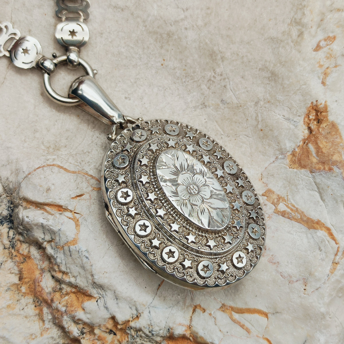 Antique Victorian Sterling Silver Book Chain and Locket by Robert James Dick, 1884