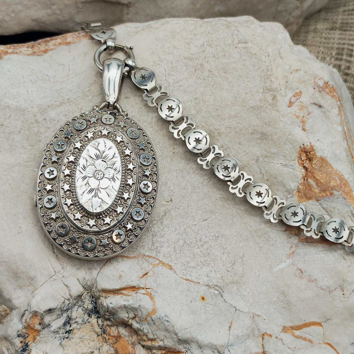 Antique Victorian Sterling Silver Book Chain and Locket by Robert James Dick, 1884