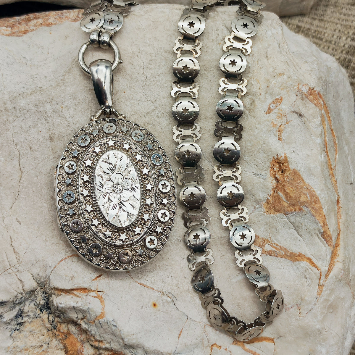 Antique Victorian Sterling Silver Book Chain and Locket by Robert James Dick, 1884