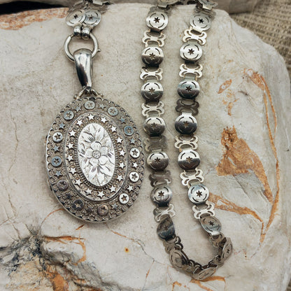 Antique Victorian Sterling Silver Book Chain and Locket by Robert James Dick, 1884