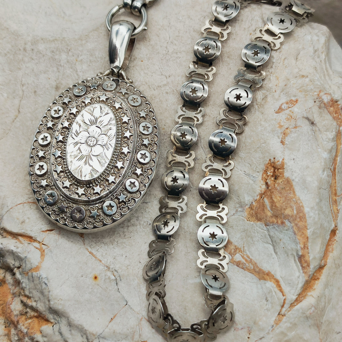 Antique Victorian Sterling Silver Book Chain and Locket by Robert James Dick, 1884