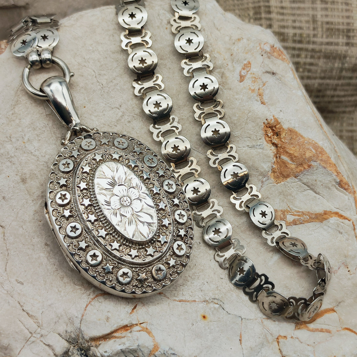 Antique Victorian Sterling Silver Book Chain and Locket by Robert James Dick, 1884