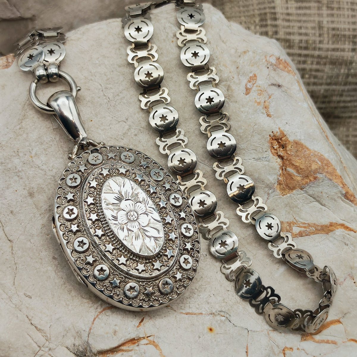 Antique Victorian Sterling Silver Book Chain and Locket by Robert James Dick, 1884