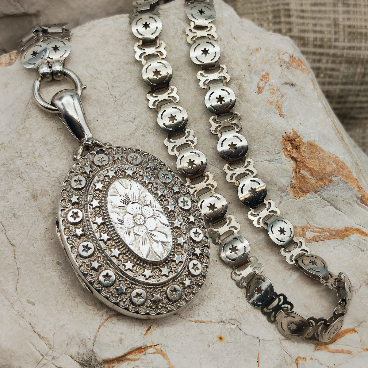 Antique Victorian Sterling Silver Book Chain and Locket by Robert James Dick, 1884