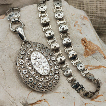 Antique Victorian Sterling Silver Book Chain and Locket by Robert James Dick, 1884