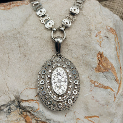Antique Victorian Sterling Silver Book Chain and Locket by Robert James Dick, 1884