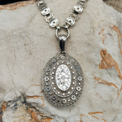 Antique Victorian Sterling Silver Book Chain and Locket by Robert James Dick, 1884