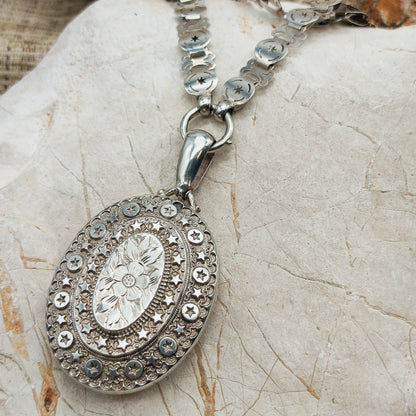 Antique Victorian Sterling Silver Book Chain and Locket by Robert James Dick, 1884