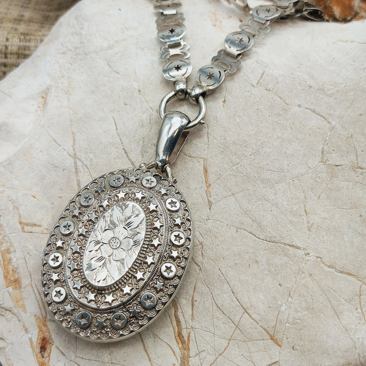 Antique Victorian Sterling Silver Book Chain and Locket by Robert James Dick, 1884