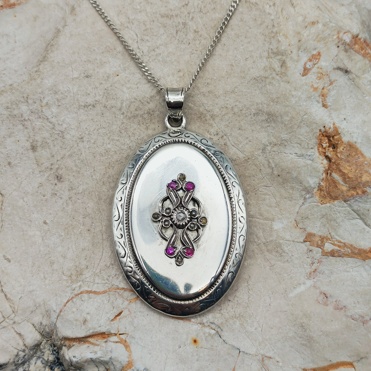 Antique Silver Locket with Rose-Cut Diamond, Rubies and Seed Pearls