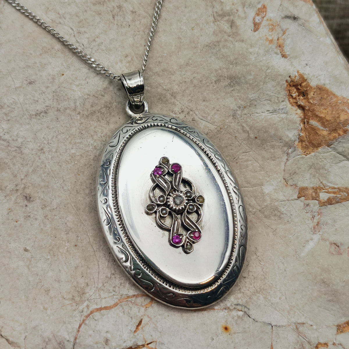 Antique Silver Locket with Rose-Cut Diamond, Rubies and Seed Pearls