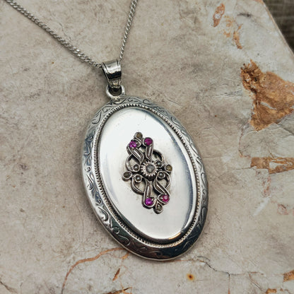 Antique Silver Locket with Rose-Cut Diamond, Rubies and Seed Pearls