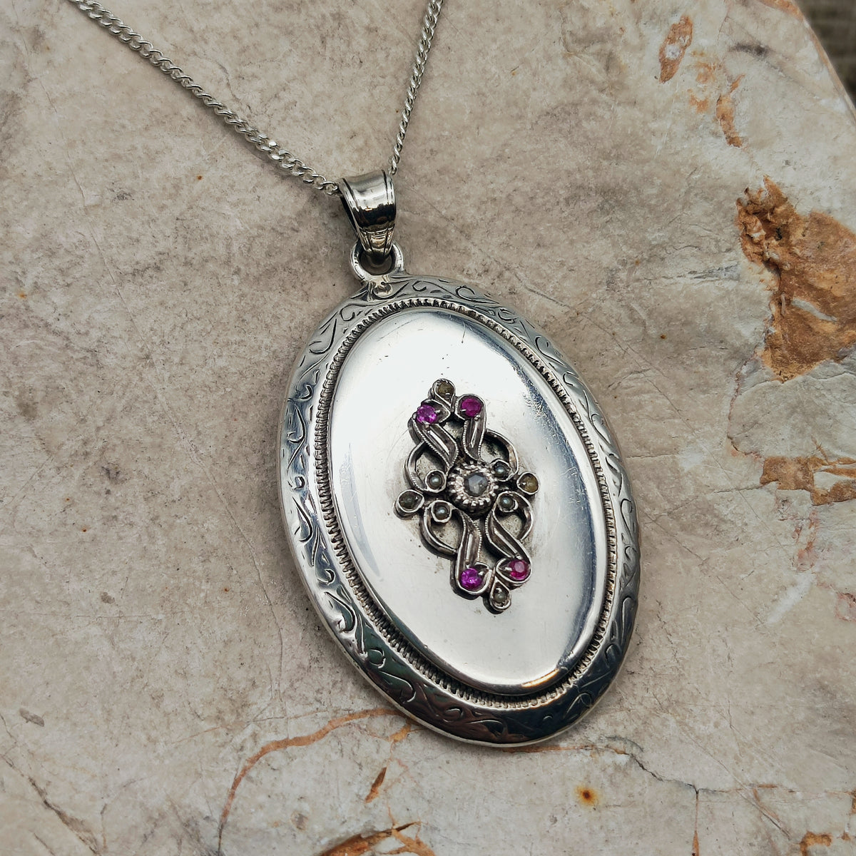 Antique Silver Locket with Rose-Cut Diamond, Rubies and Seed Pearls