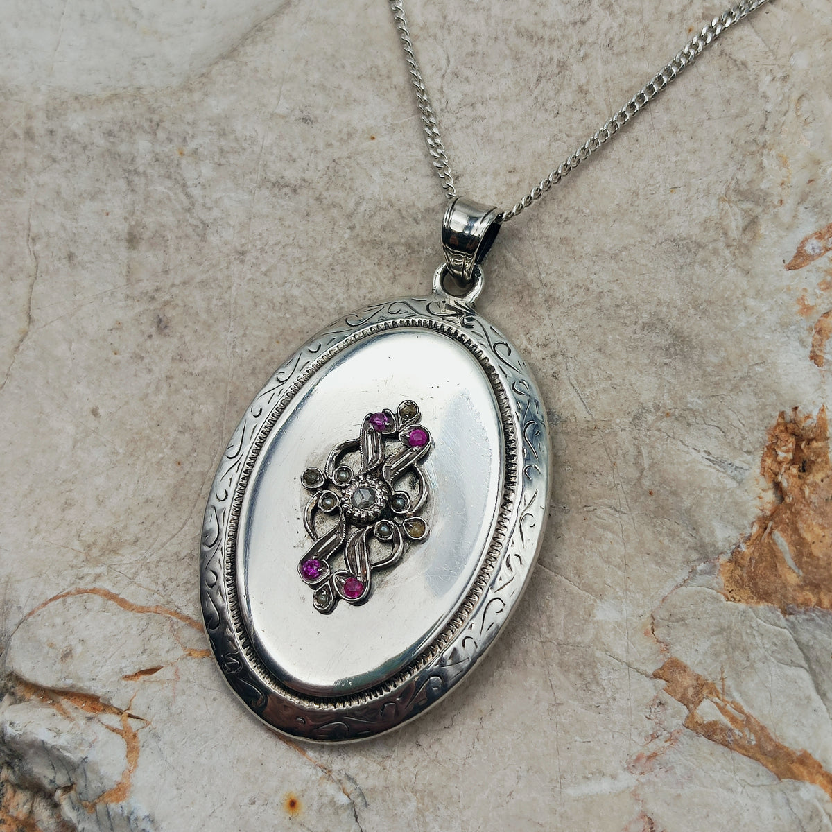 Antique Silver Locket with Rose-Cut Diamond, Rubies and Seed Pearls