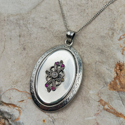 Antique Silver Locket with Rose-Cut Diamond, Rubies and Seed Pearls