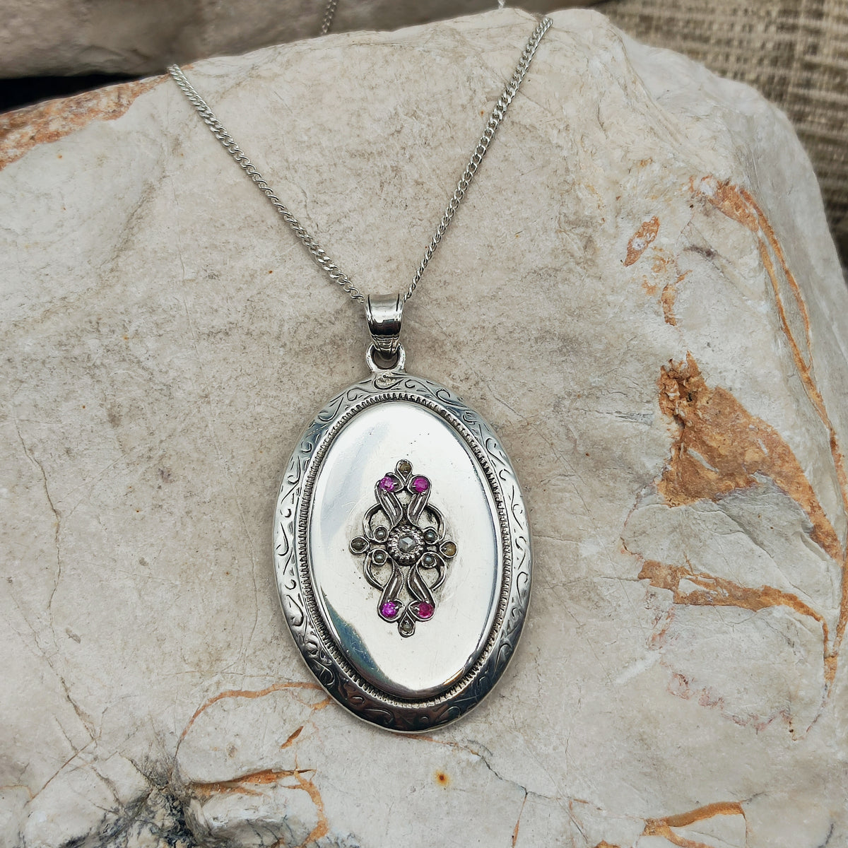 Antique Silver Locket with Rose-Cut Diamond, Rubies and Seed Pearls