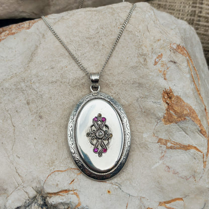 Antique Silver Locket with Rose-Cut Diamond, Rubies and Seed Pearls