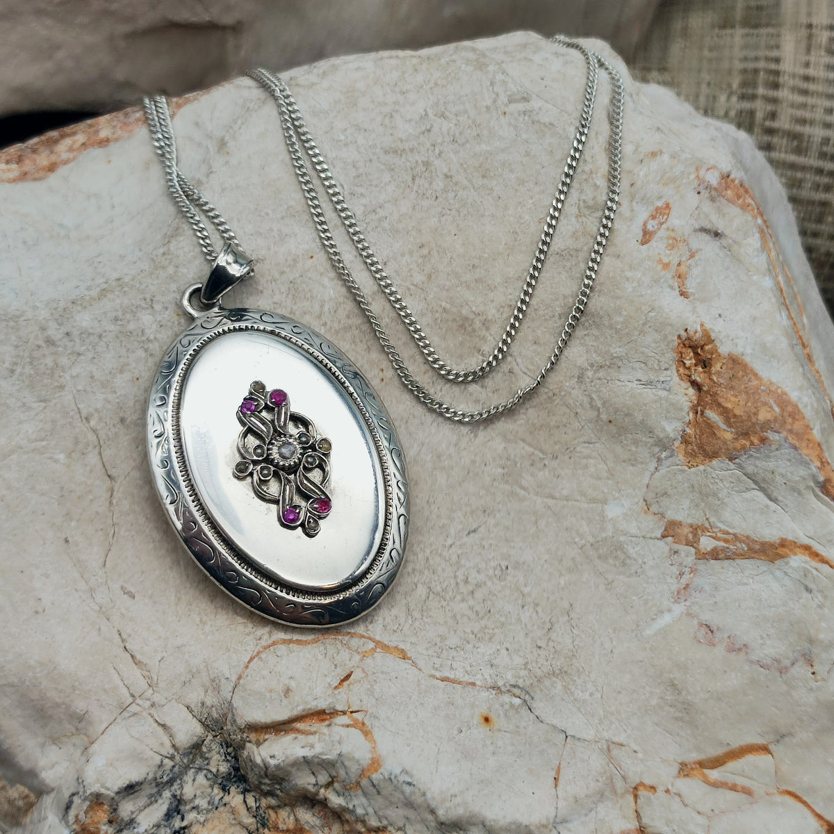 Antique Silver Locket with Rose-Cut Diamond, Rubies and Seed Pearls