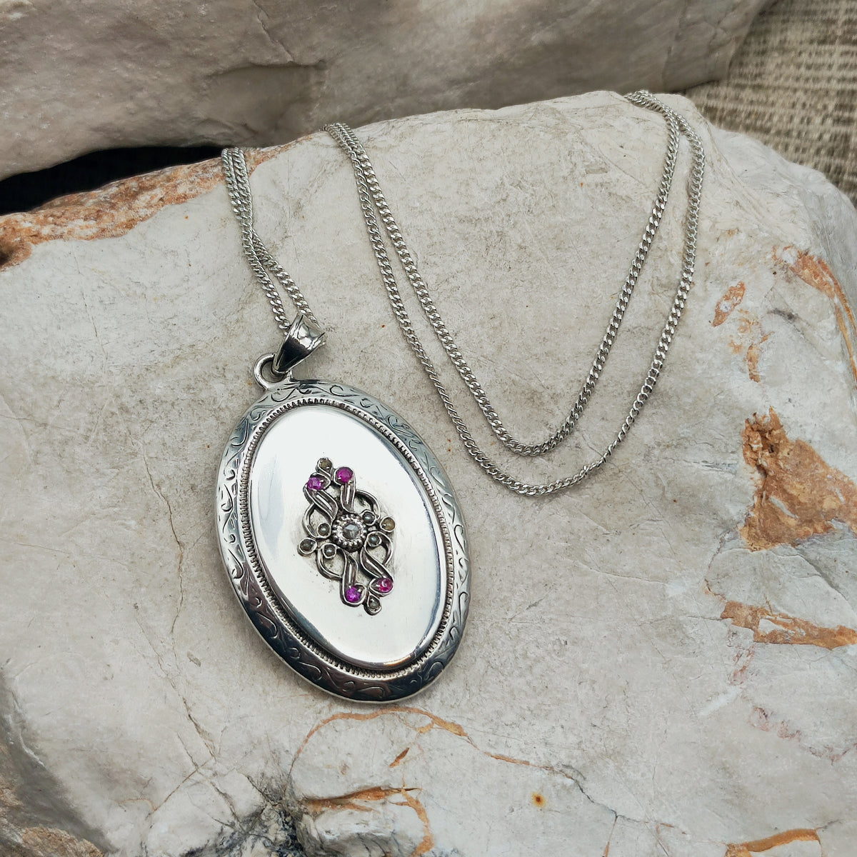 Antique Silver Locket with Rose-Cut Diamond, Rubies and Seed Pearls