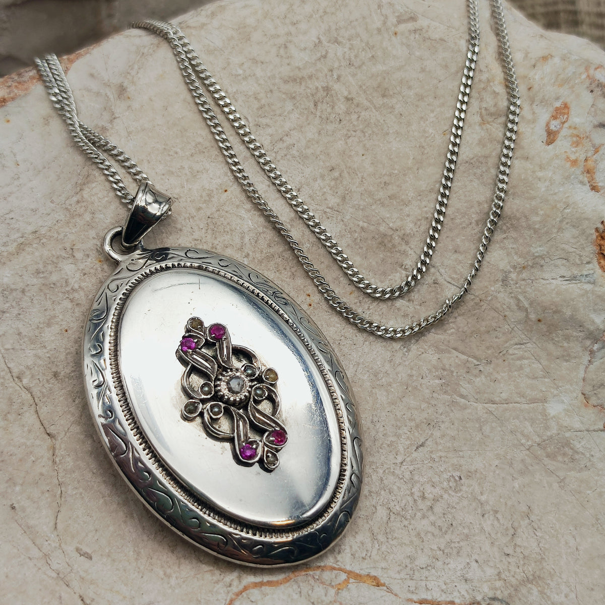 Antique Silver Locket with Rose-Cut Diamond, Rubies and Seed Pearls