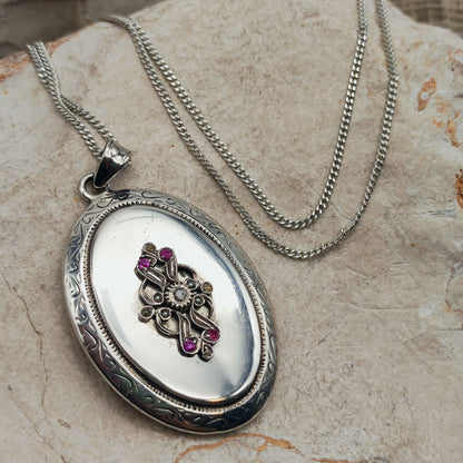 Antique Silver Locket with Rose-Cut Diamond, Rubies and Seed Pearls