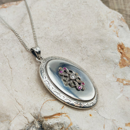Antique Silver Locket with Rose-Cut Diamond, Rubies and Seed Pearls
