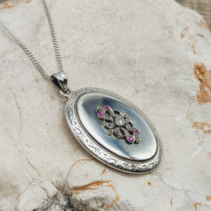 Antique Silver Locket with Rose-Cut Diamond, Rubies and Seed Pearls