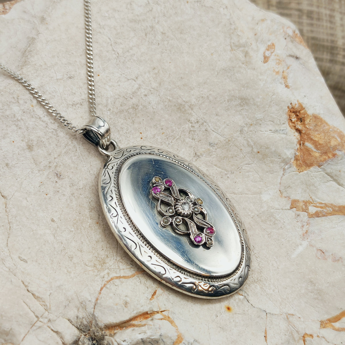 Antique Silver Locket with Rose-Cut Diamond, Rubies and Seed Pearls
