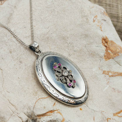 Antique Silver Locket with Rose-Cut Diamond, Rubies and Seed Pearls