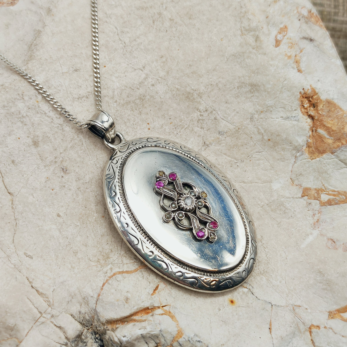 Antique Silver Locket with Rose-Cut Diamond, Rubies and Seed Pearls