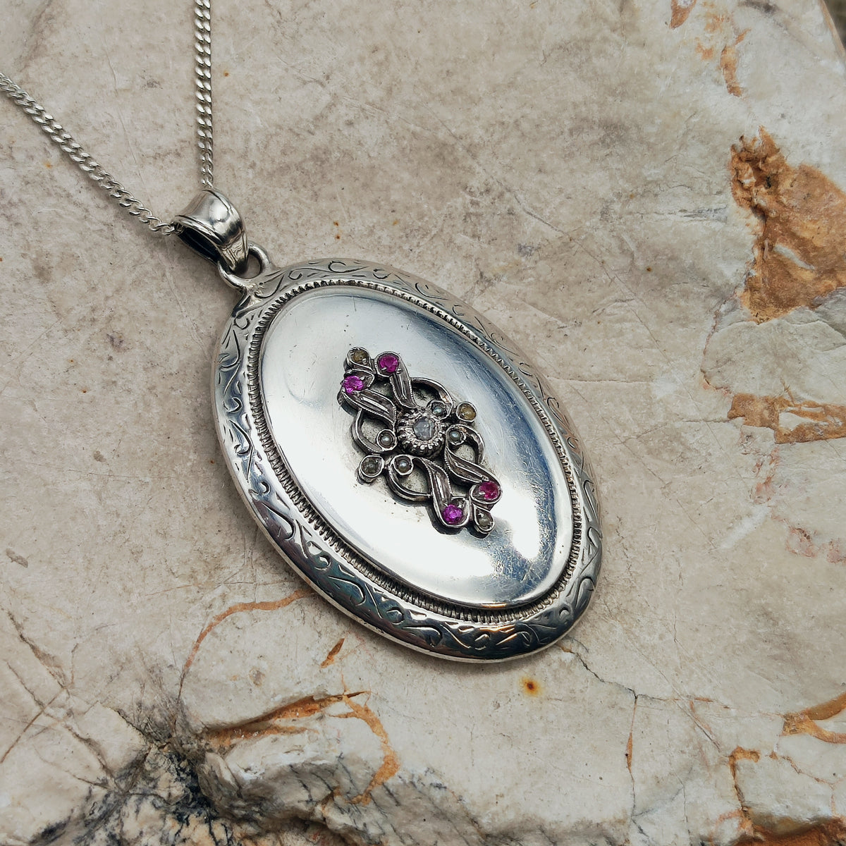 Antique Silver Locket with Rose-Cut Diamond, Rubies and Seed Pearls