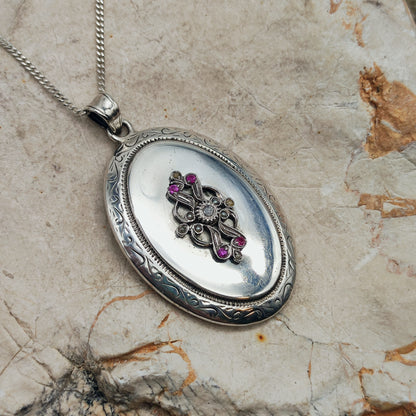 Antique Silver Locket with Rose-Cut Diamond, Rubies and Seed Pearls