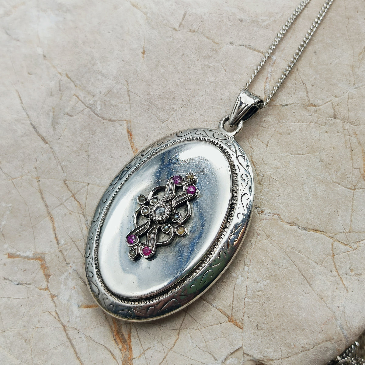 Antique Silver Locket with Rose-Cut Diamond, Rubies and Seed Pearls