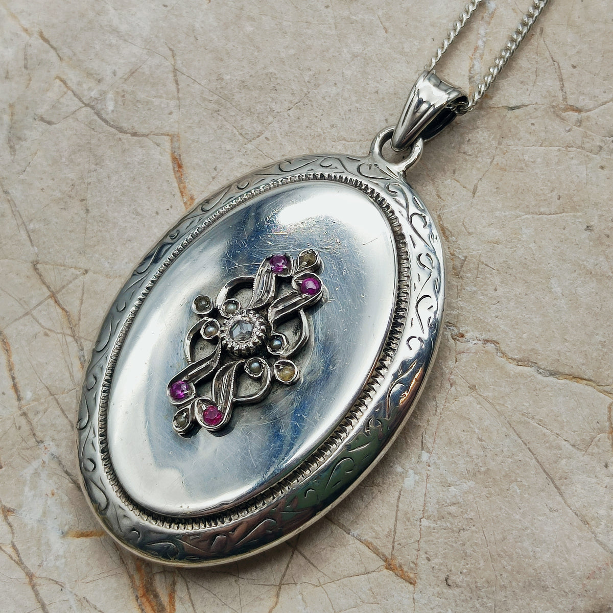 Antique Silver Locket with Rose-Cut Diamond, Rubies and Seed Pearls