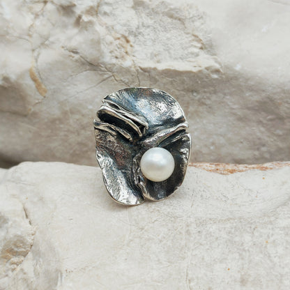 Vintage Mies De Wilde Brutalist Sterling Silver Pearl Ring