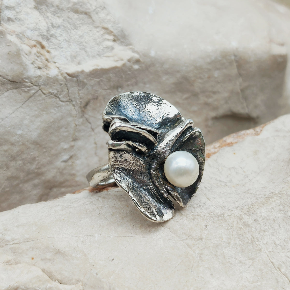 Vintage Mies De Wilde Brutalist Sterling Silver Pearl Ring