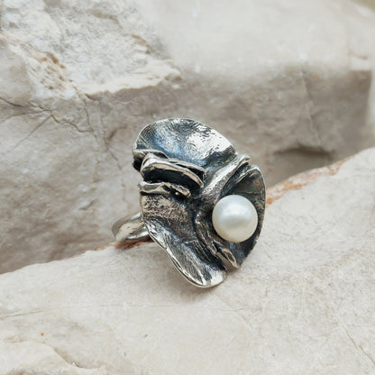 Vintage Mies De Wilde Brutalist Sterling Silver Pearl Ring