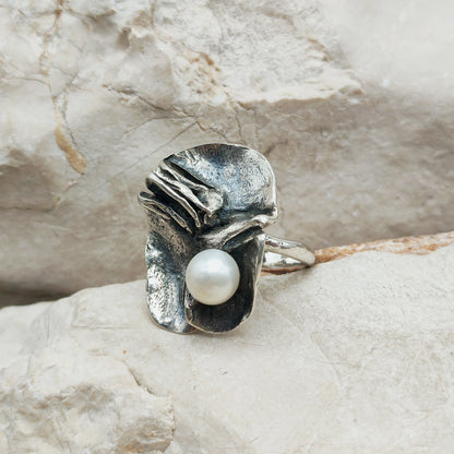 Vintage Mies De Wilde Brutalist Sterling Silver Pearl Ring