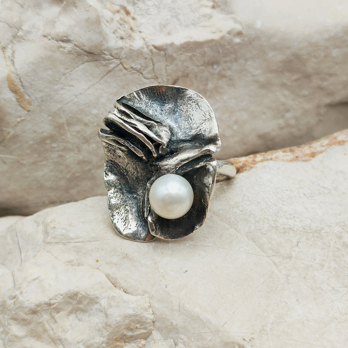 Vintage Mies De Wilde Brutalist Sterling Silver Pearl Ring
