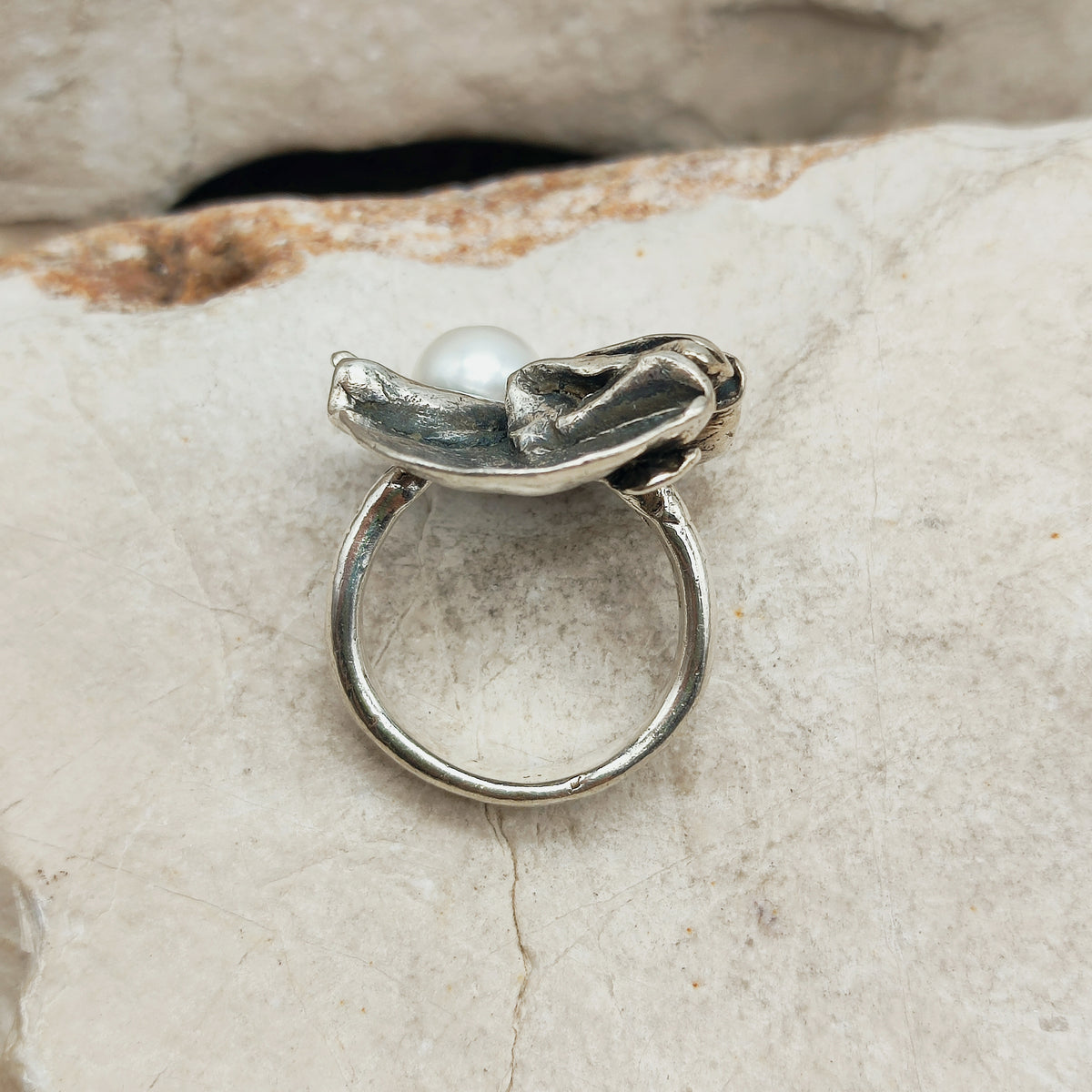 Vintage Mies De Wilde Brutalist Sterling Silver Pearl Ring