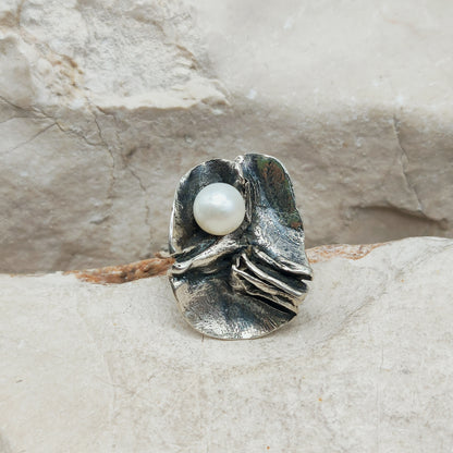 Vintage Mies De Wilde Brutalist Sterling Silver Pearl Ring